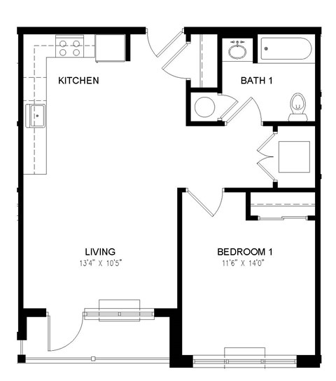 A black and white image of a floor plan for a small apartment.
